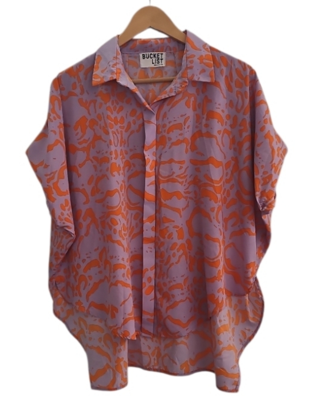 Bucket List Abstract Blouse Purple Orange Oversized Dolman Made USA Small Resort